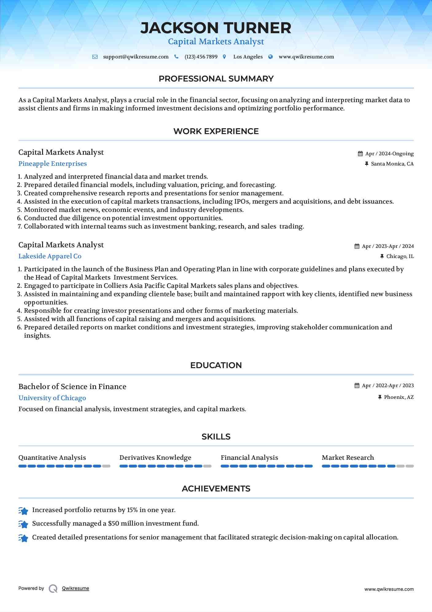 Capital Markets Analyst Resume Sample