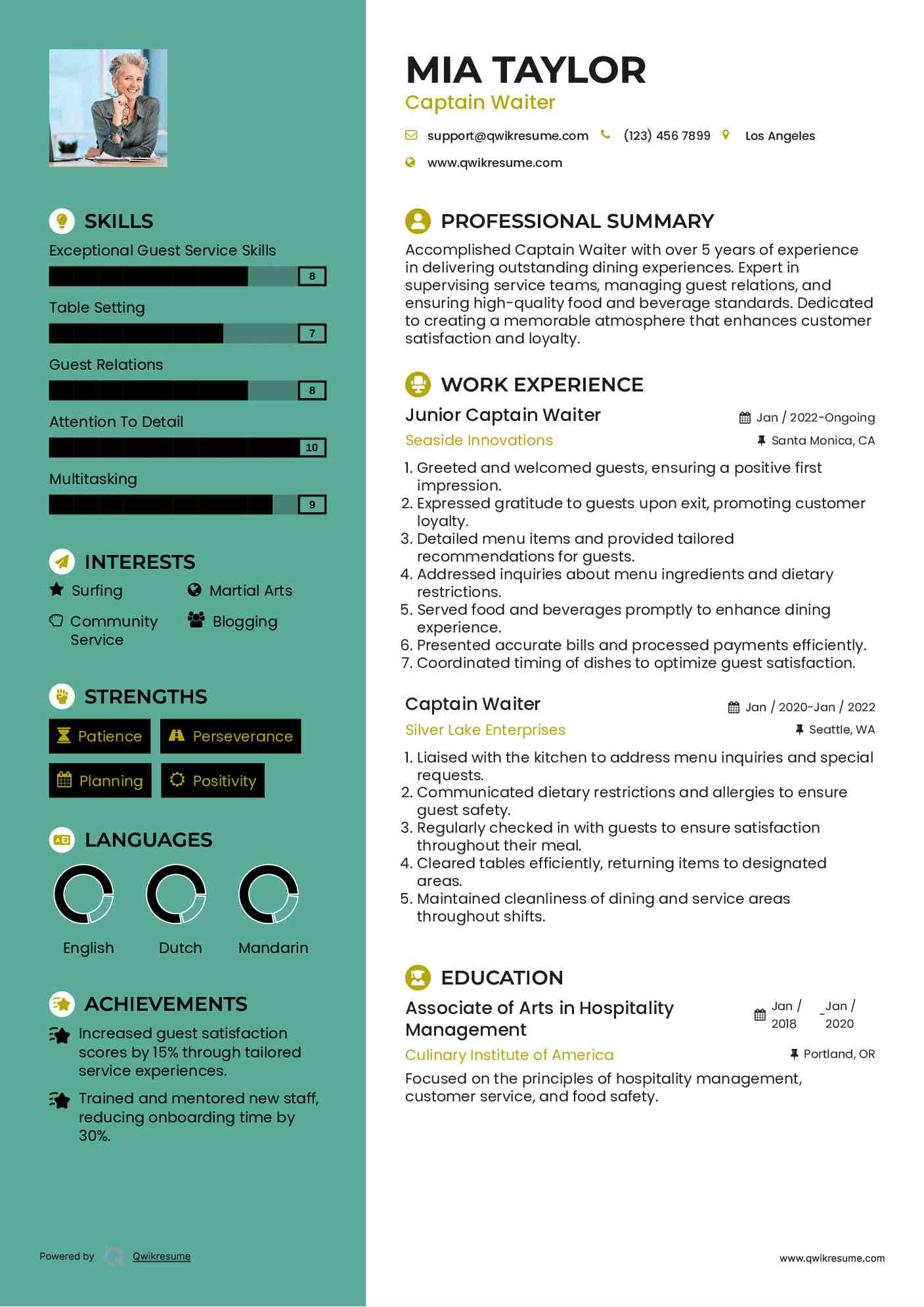 Junior Captain Waiter Resume Sample