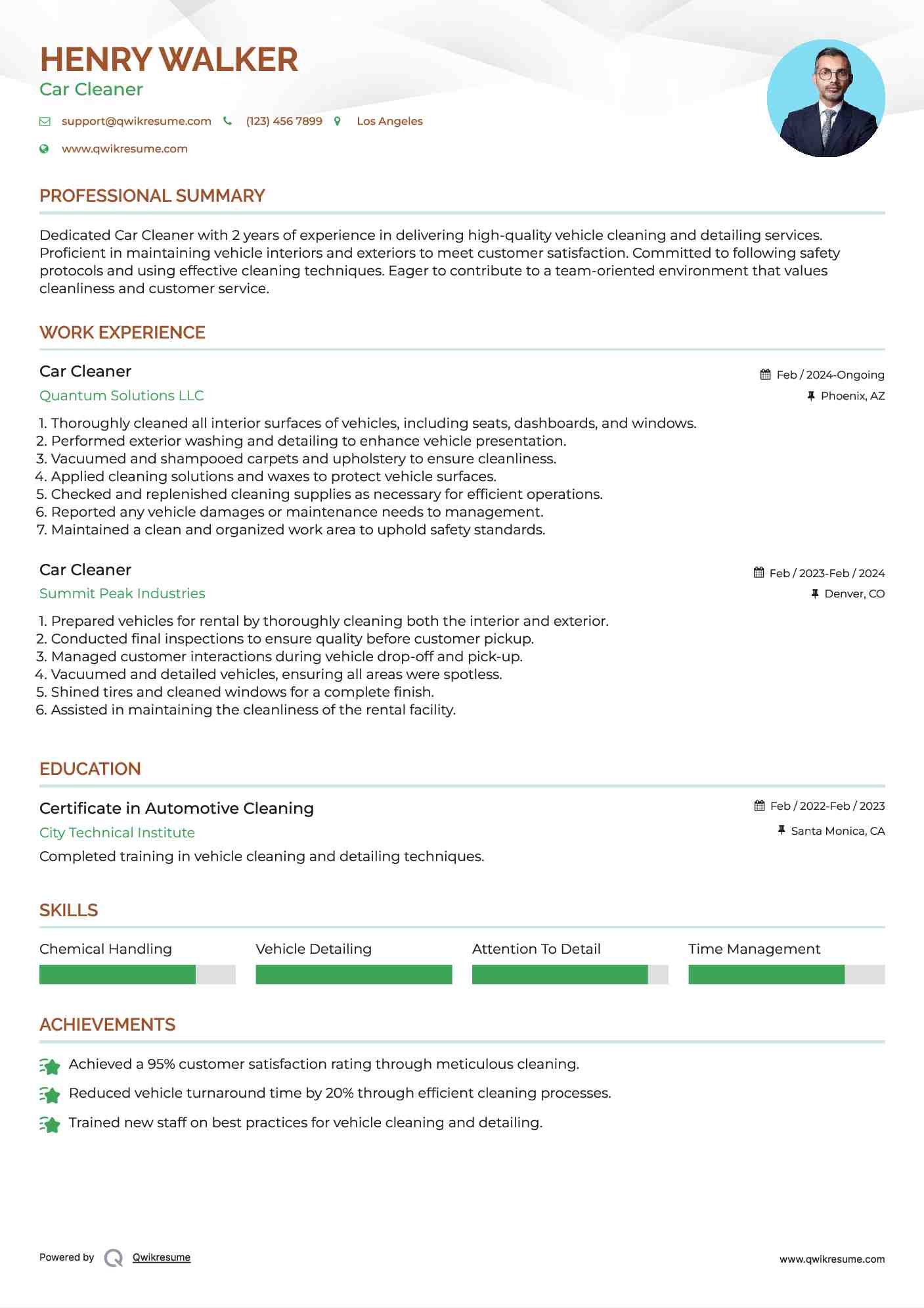 Car Cleaner Resume Model