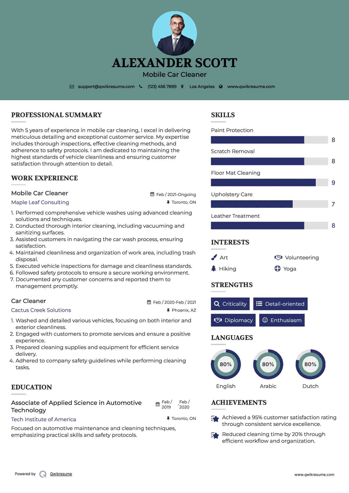 Mobile Car Cleaner Resume Example