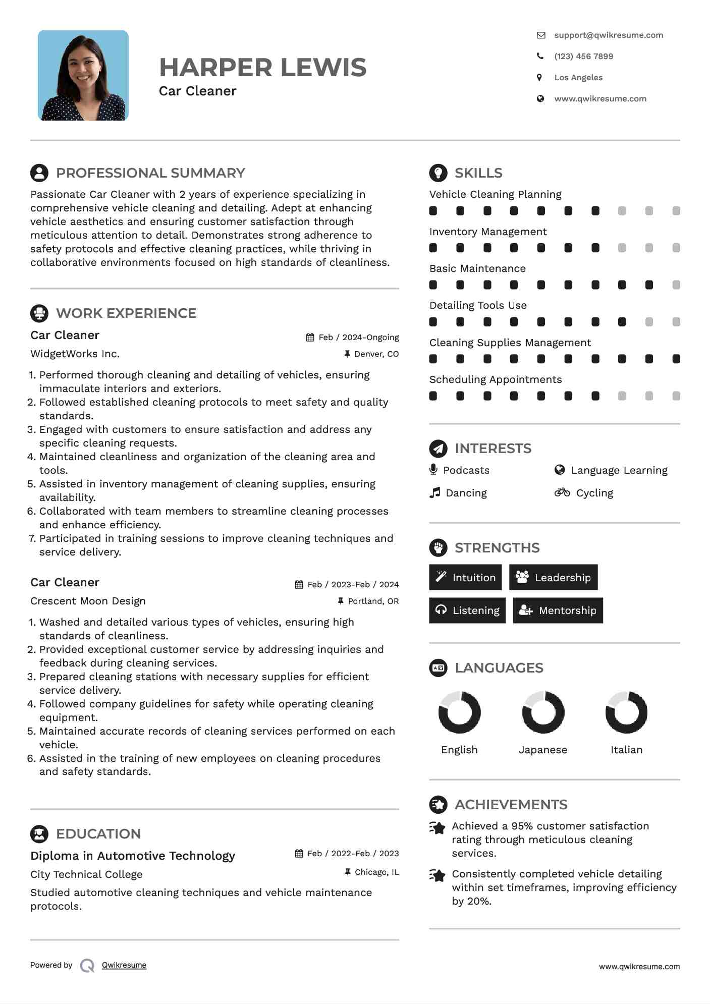 Car Cleaner Resume Template