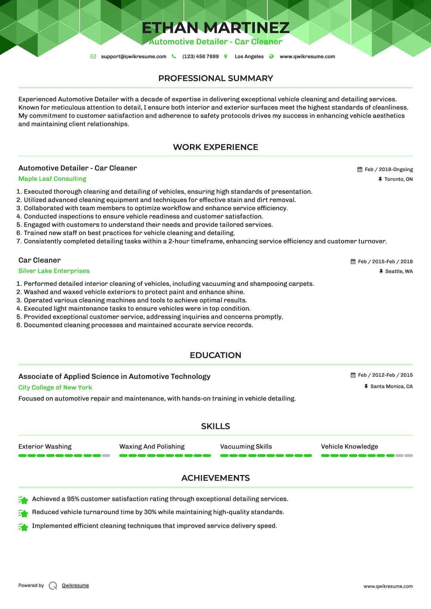 Automotive Detailer - Car Cleaner  Resume Example