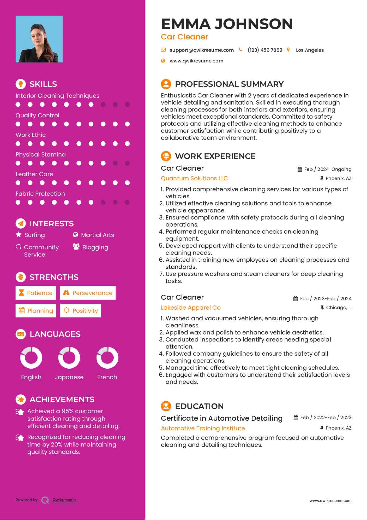 Car Cleaner Resume Template