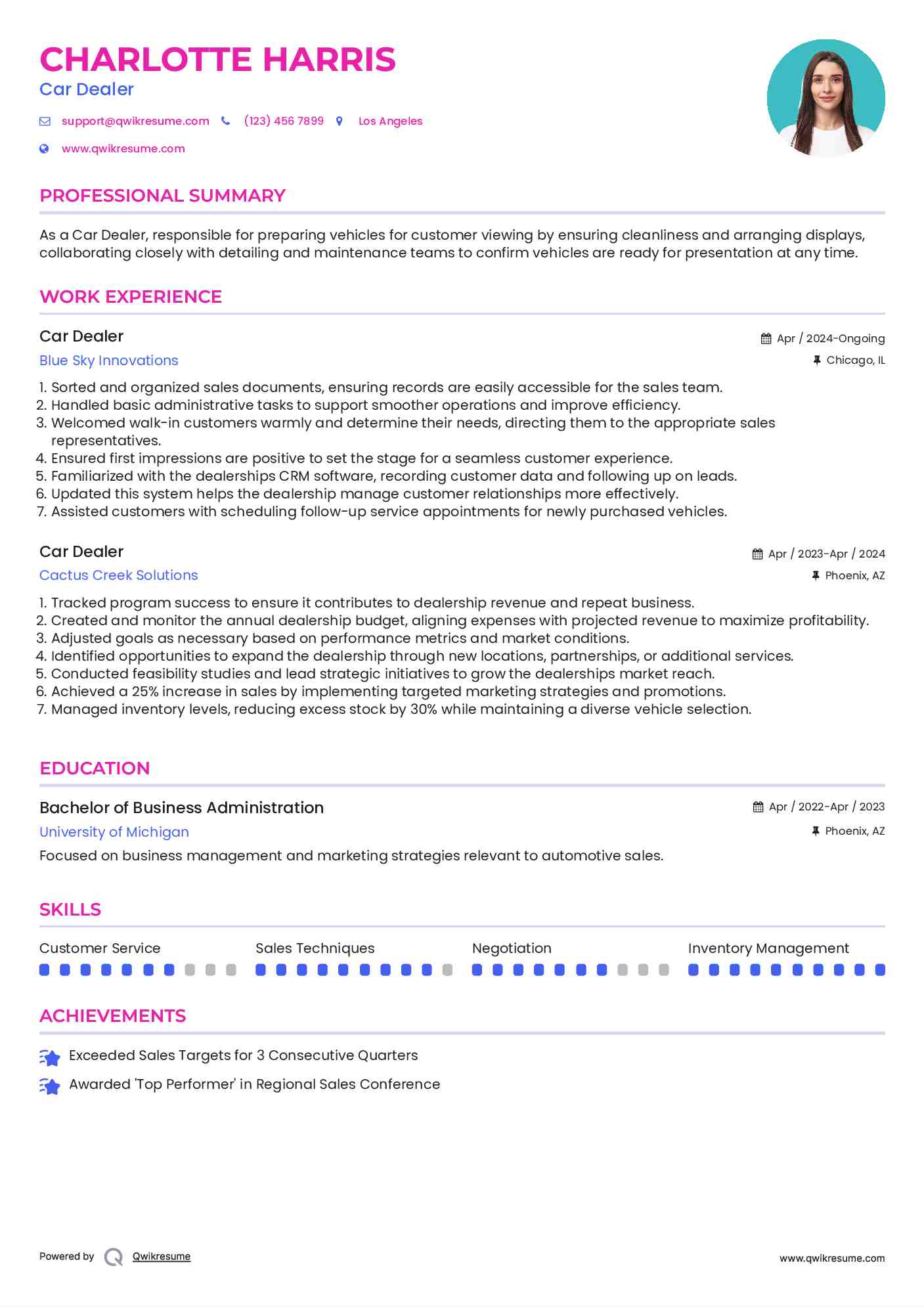 Car Dealer Resume Sample