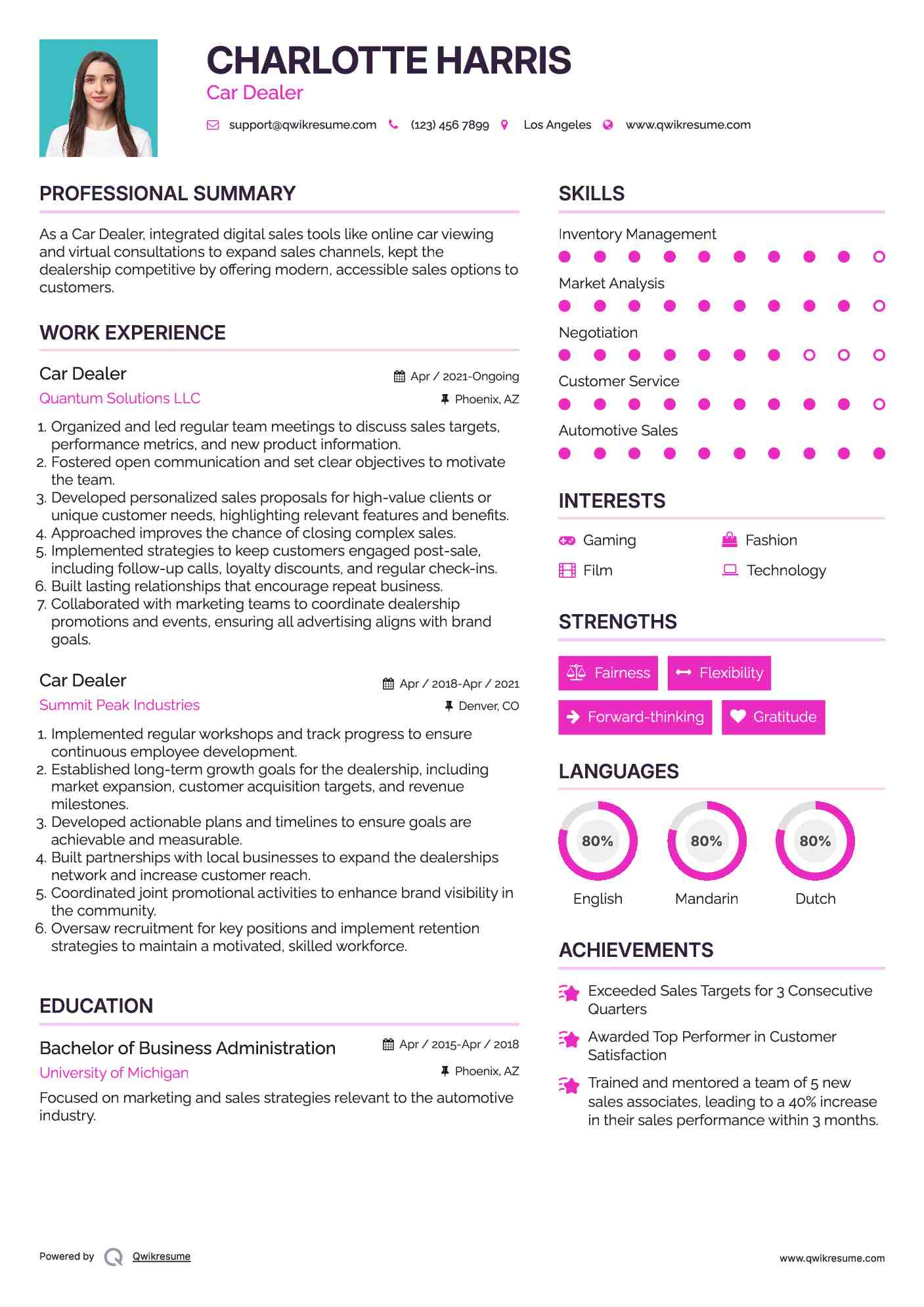 Car Dealer Resume Example