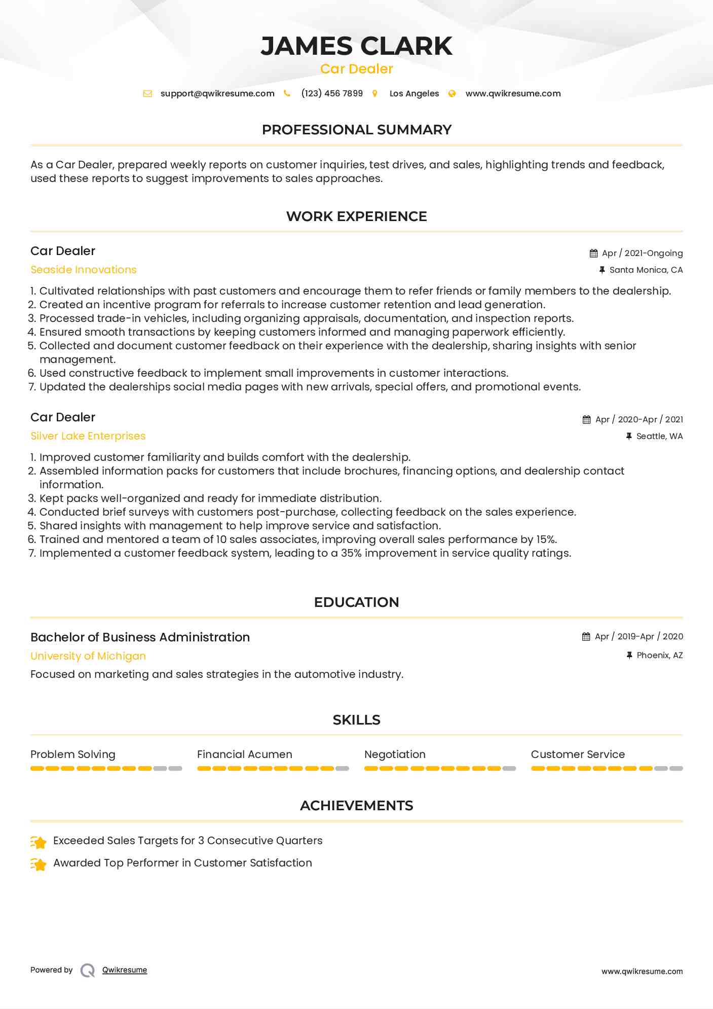 Car Dealer Resume Template