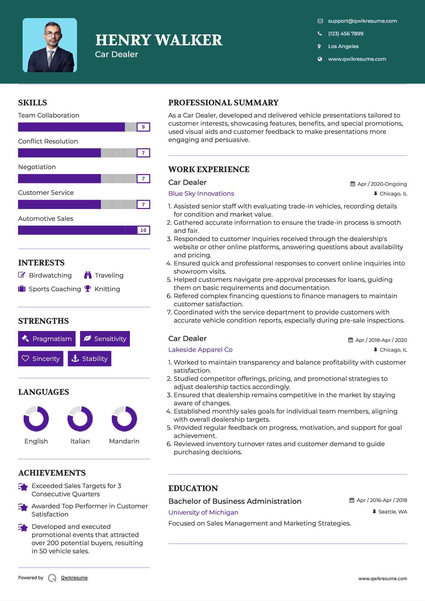 Car Dealer Resume Sample