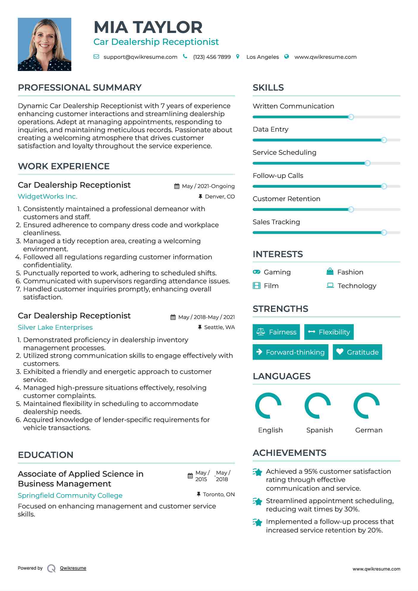 Car Dealership Receptionist Resume Model