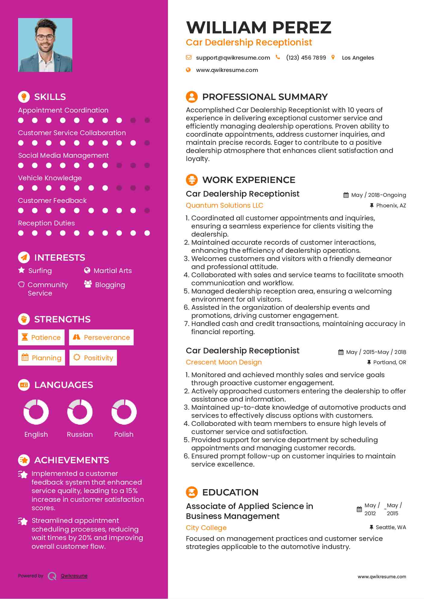 Car Dealership Receptionist Resume Format