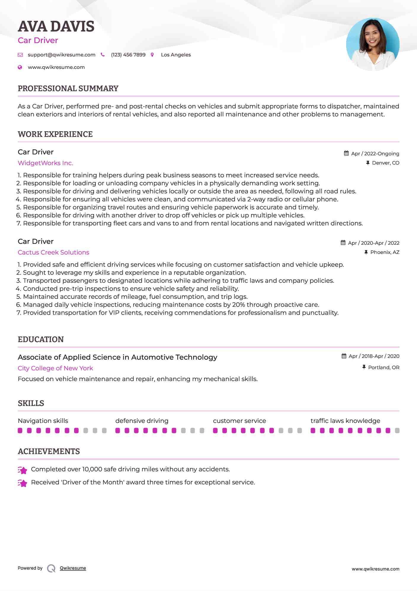 Car Driver Resume Sample