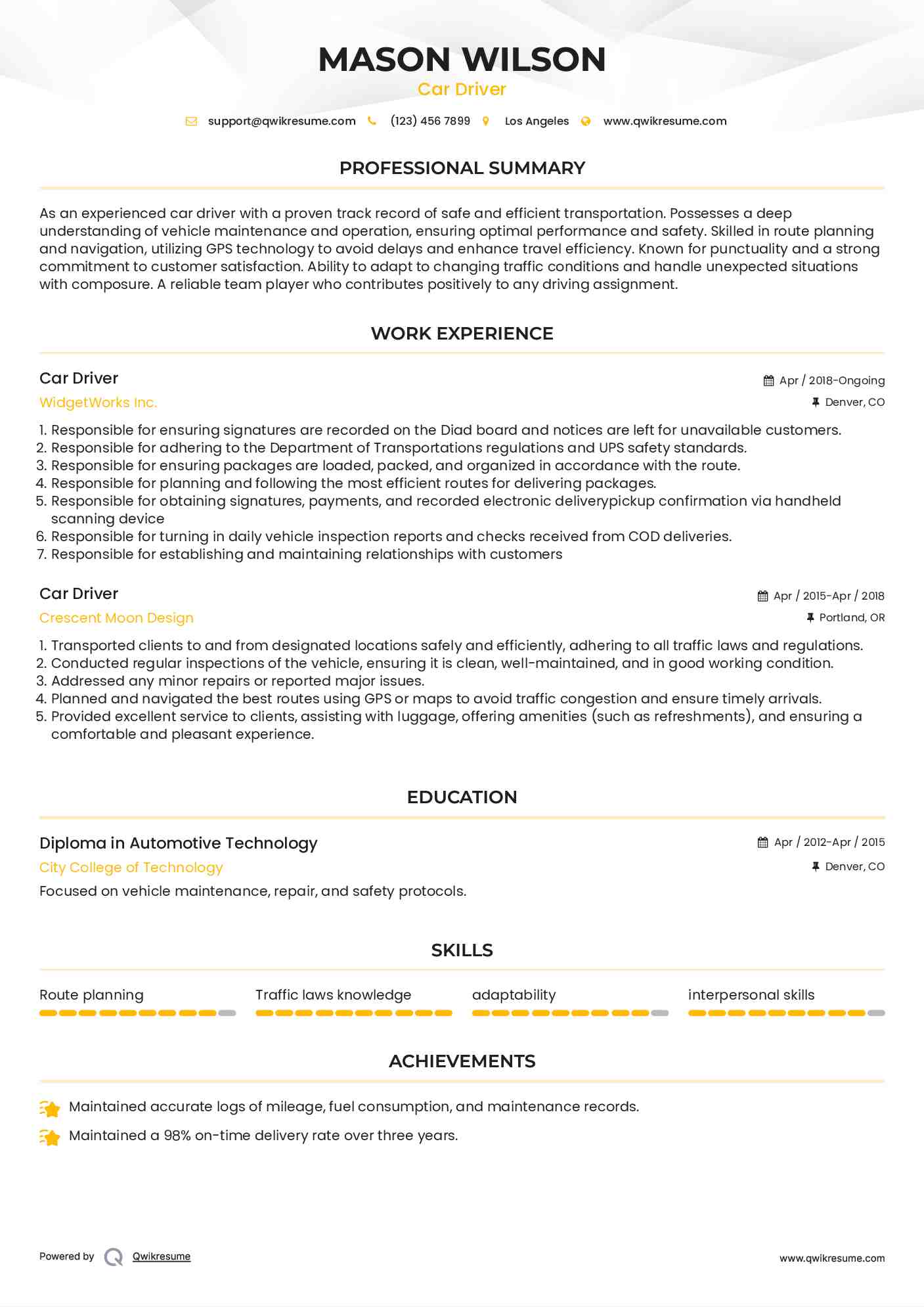 Car Driver Resume Format
