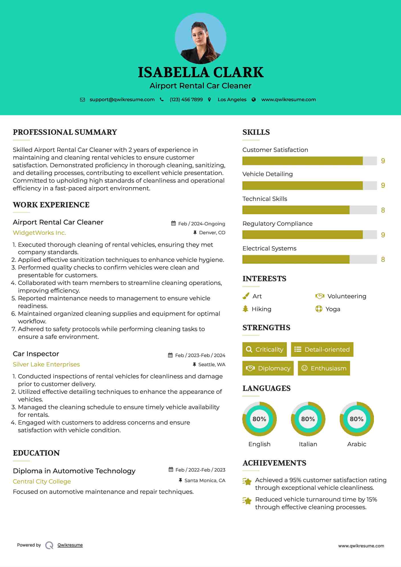 Airport Rental Car Cleaner Resume Model