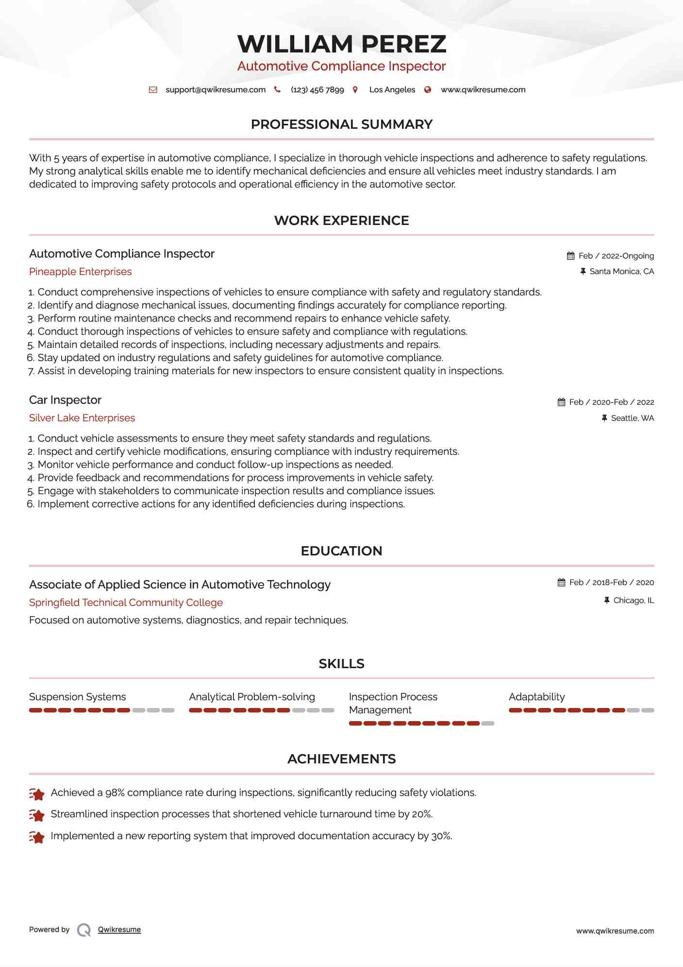 Automotive Compliance Inspector Resume Template