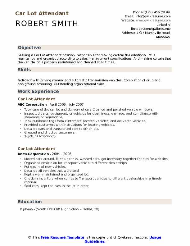 Car Lot Attendant Resume Samples QwikResume
