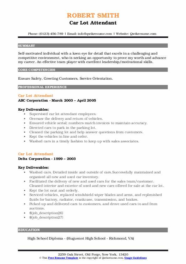 Car Lot Attendant Resume Samples QwikResume