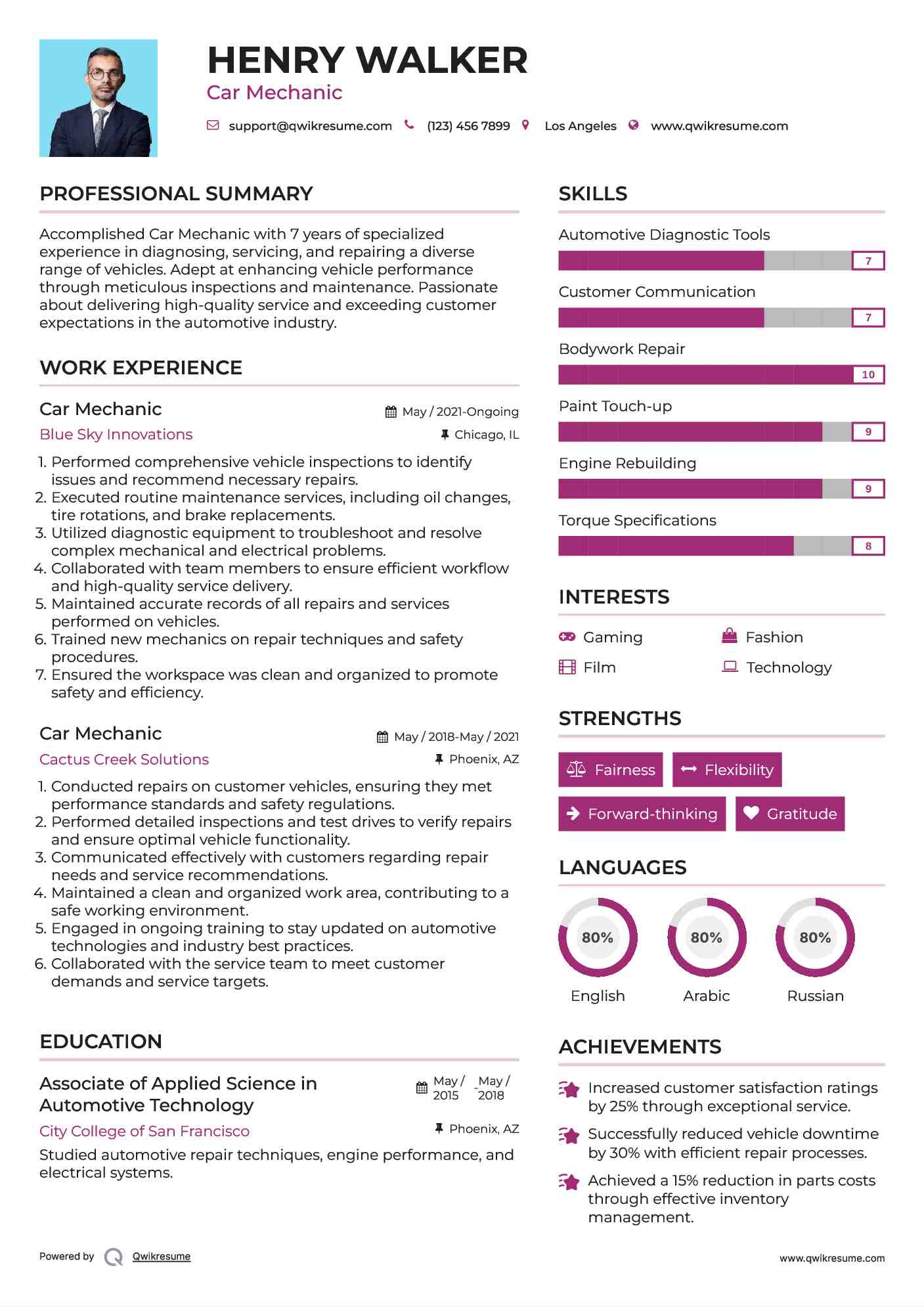 Car Mechanic Resume Sample