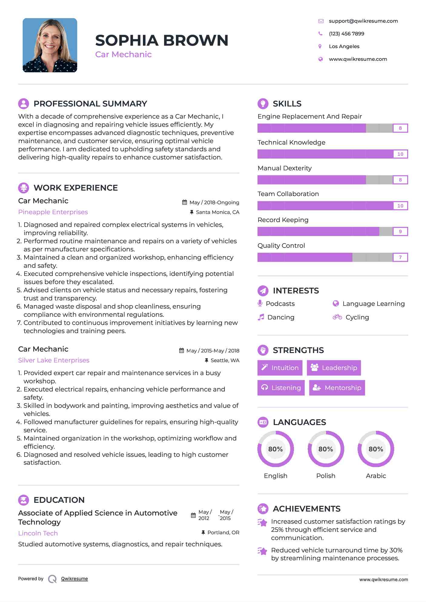 Car Mechanic Resume Model
