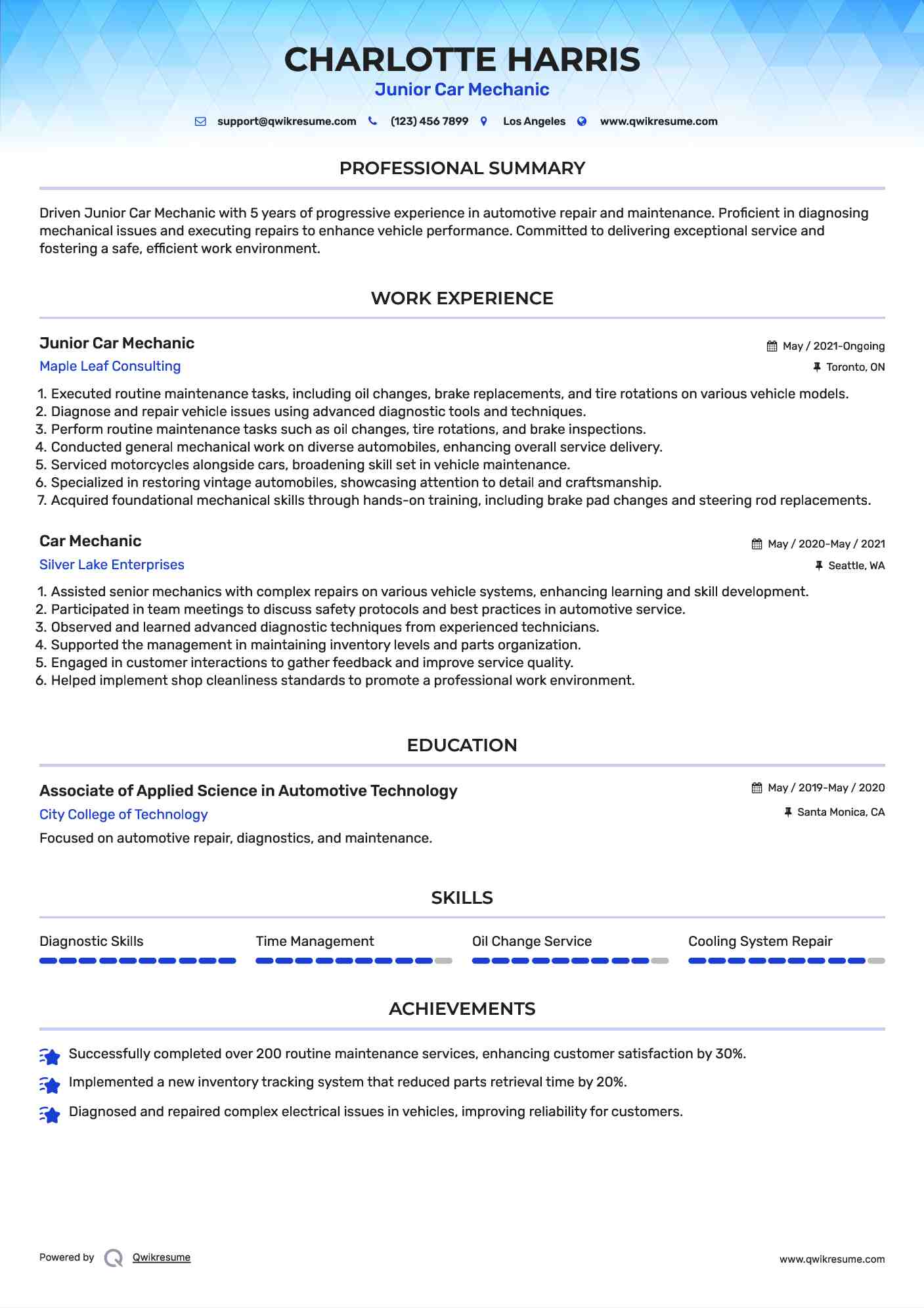 Junior Car Mechanic Resume Sample