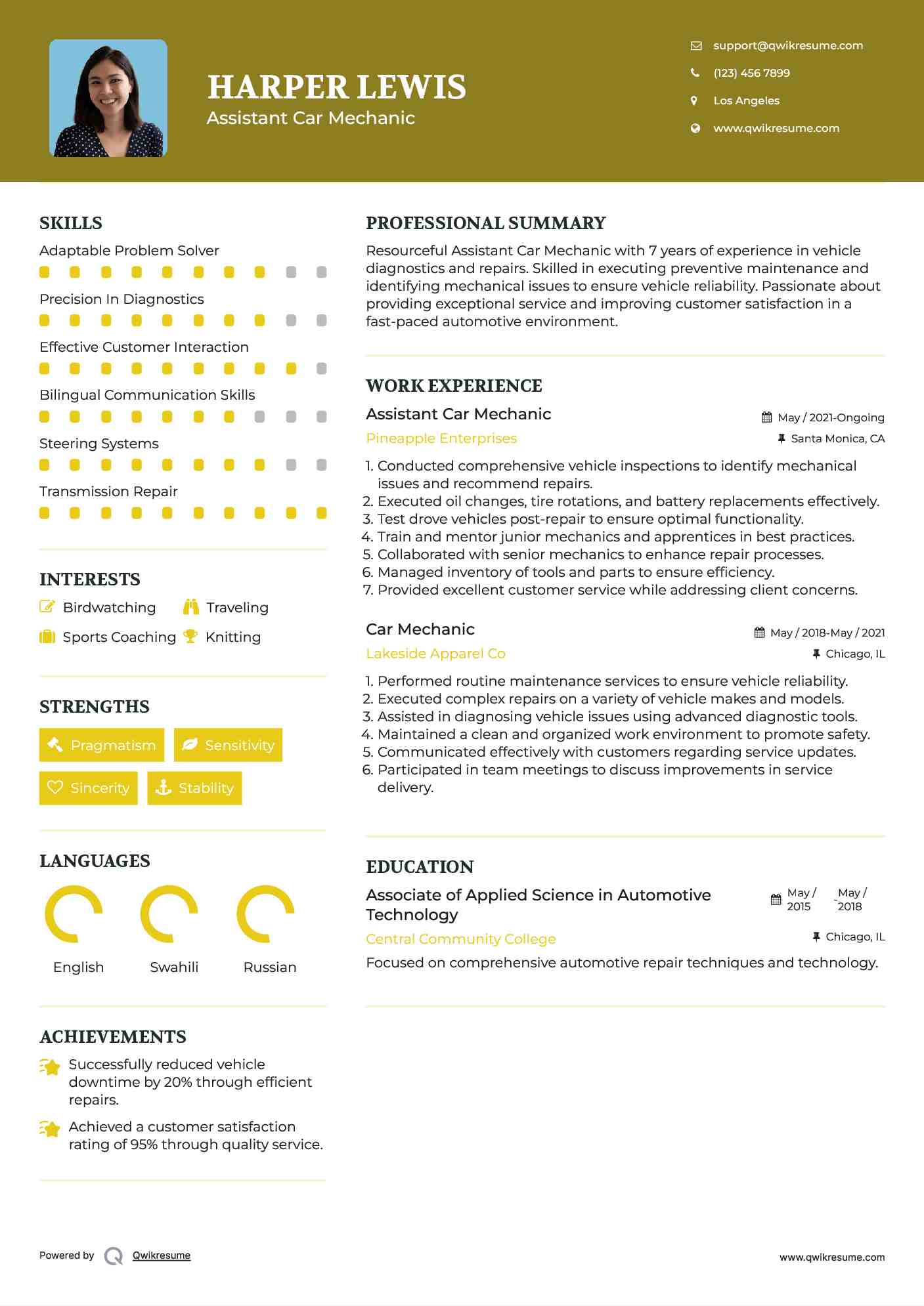 Assistant Car Mechanic Resume Model