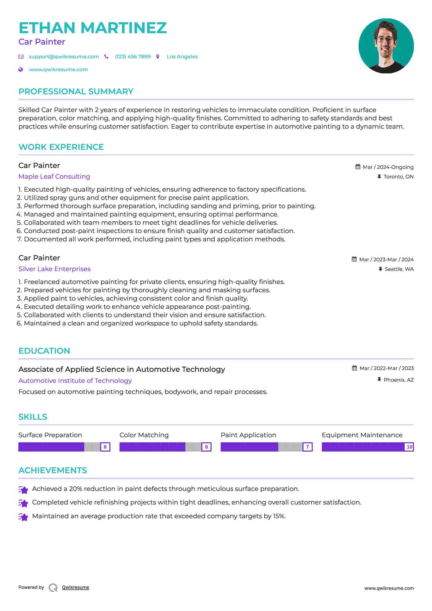 Car Painter Resume Sample