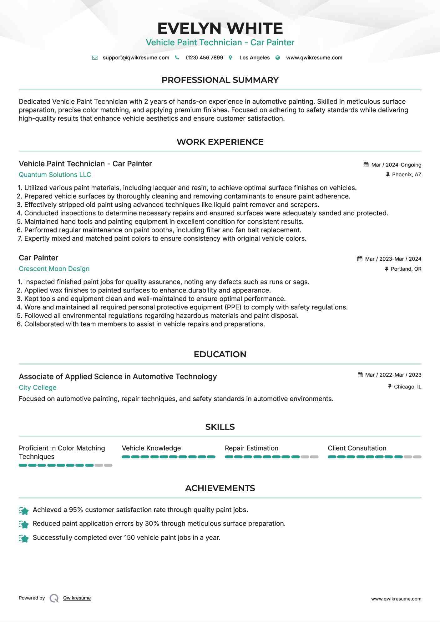 Vehicle Paint Technician - Car Painter Resume Model