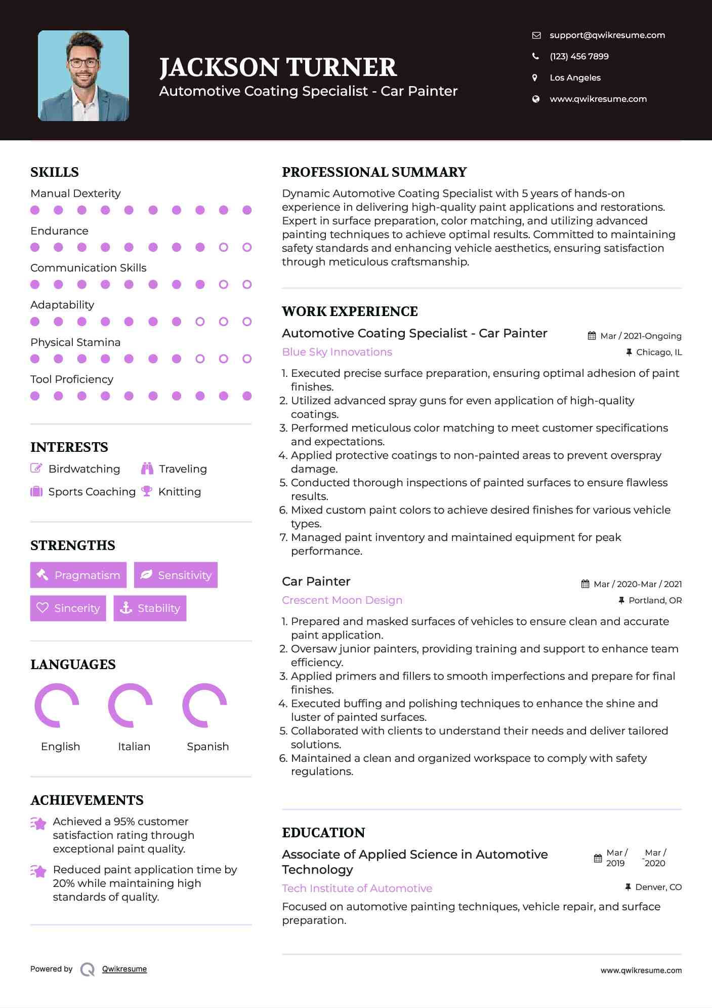 Automotive Coating Specialist - Car Painter Resume Sample