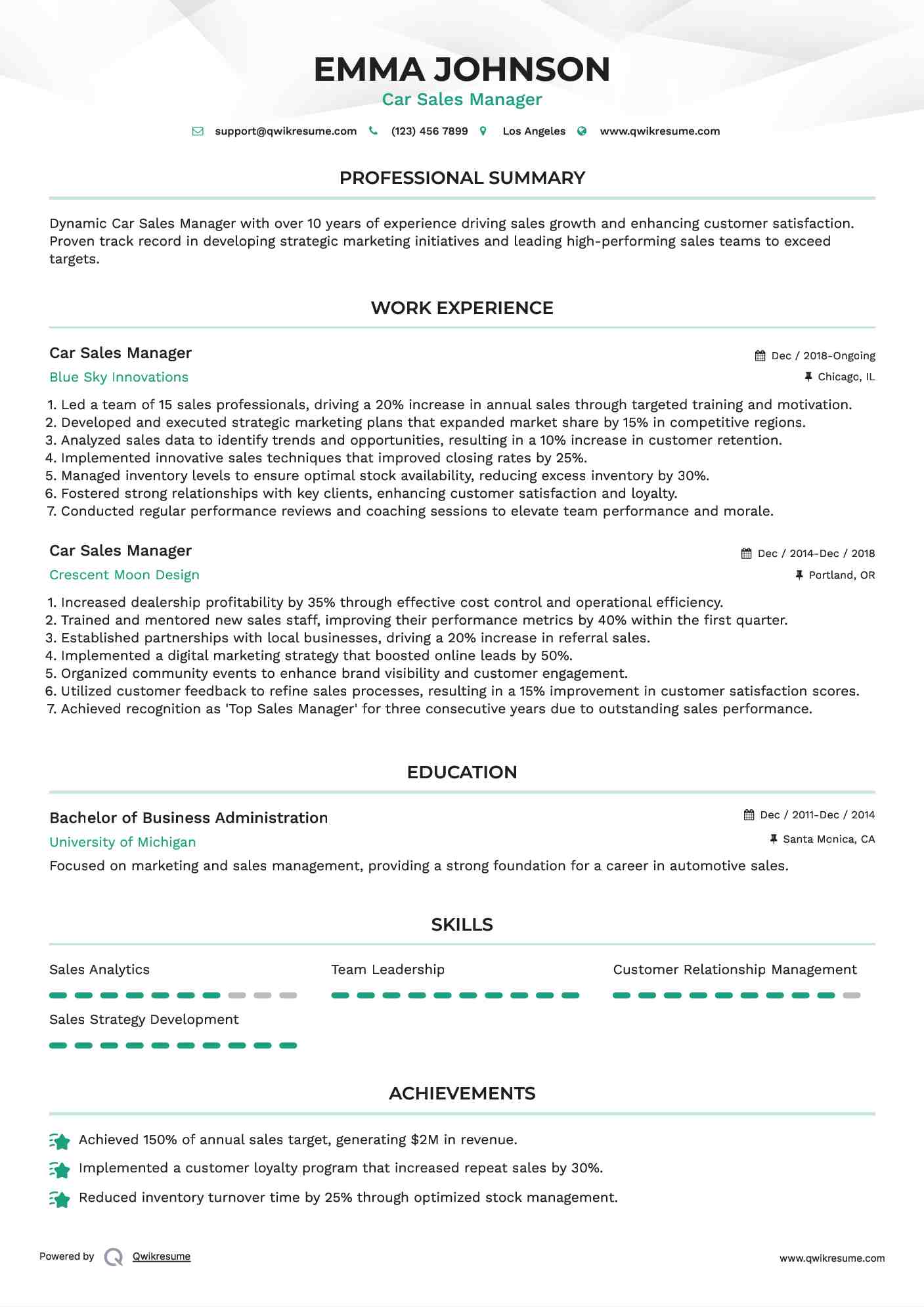 Car Sales Manager Resume Sample