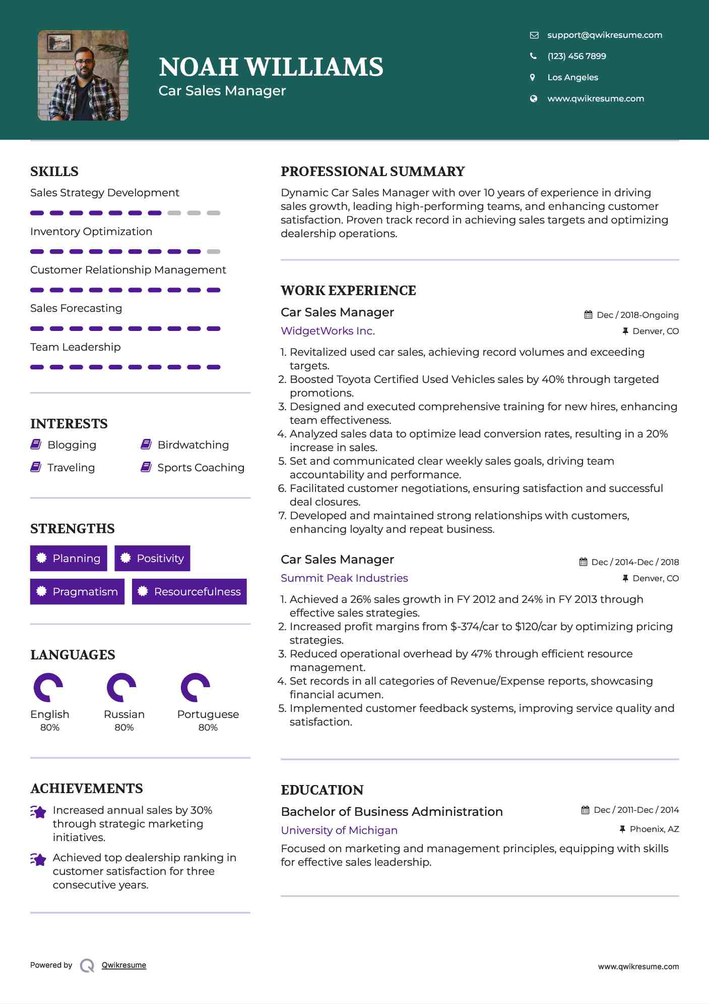 Car Sales Manager Resume Template