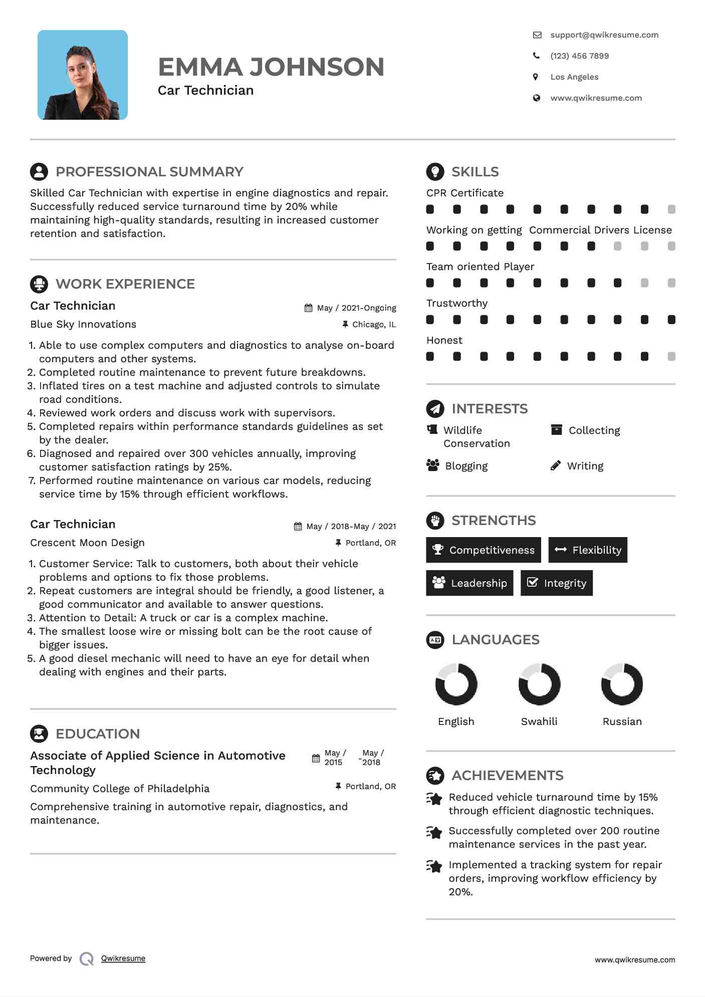 Car Technician Resume Sample