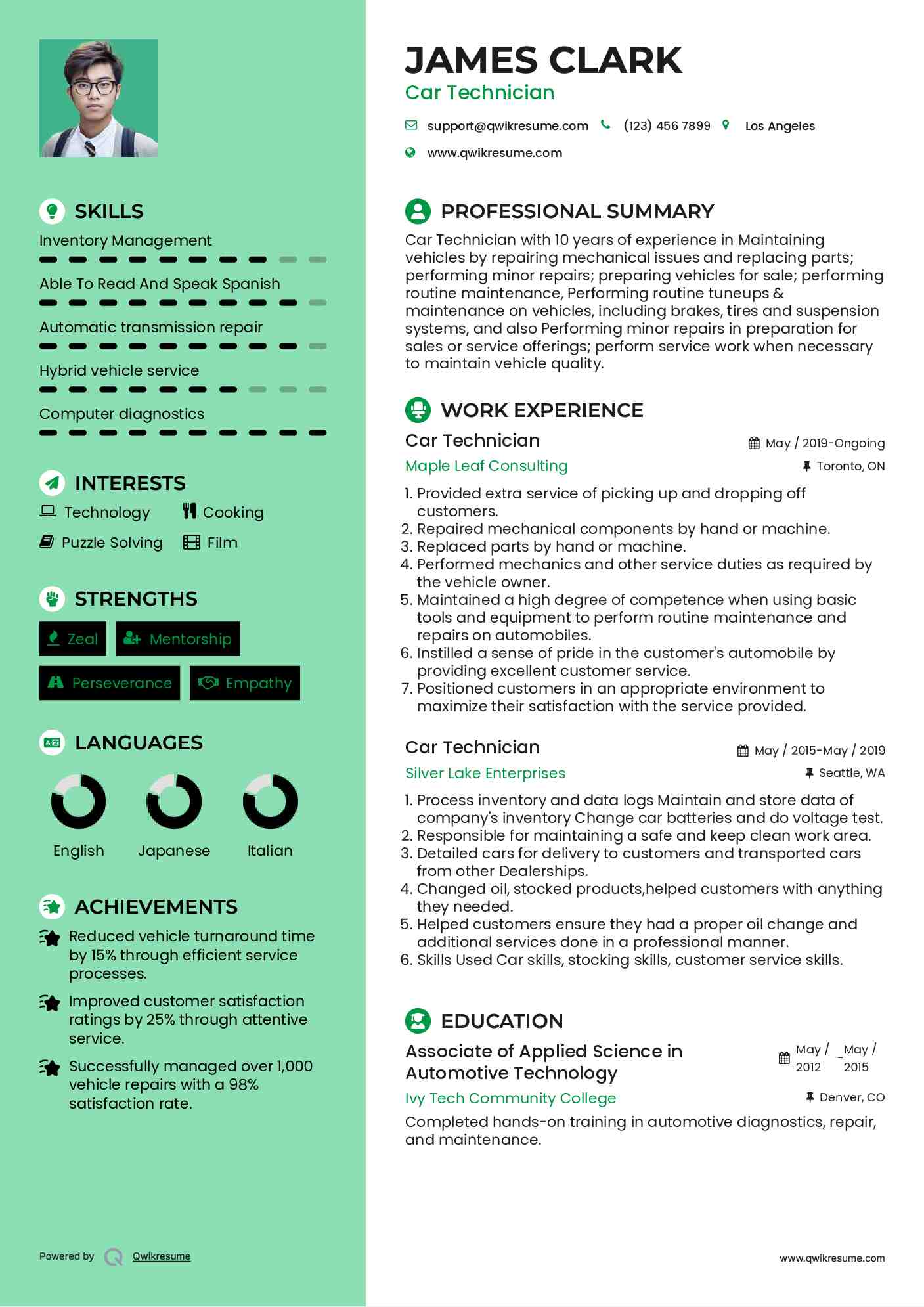 Car Technician Resume Sample