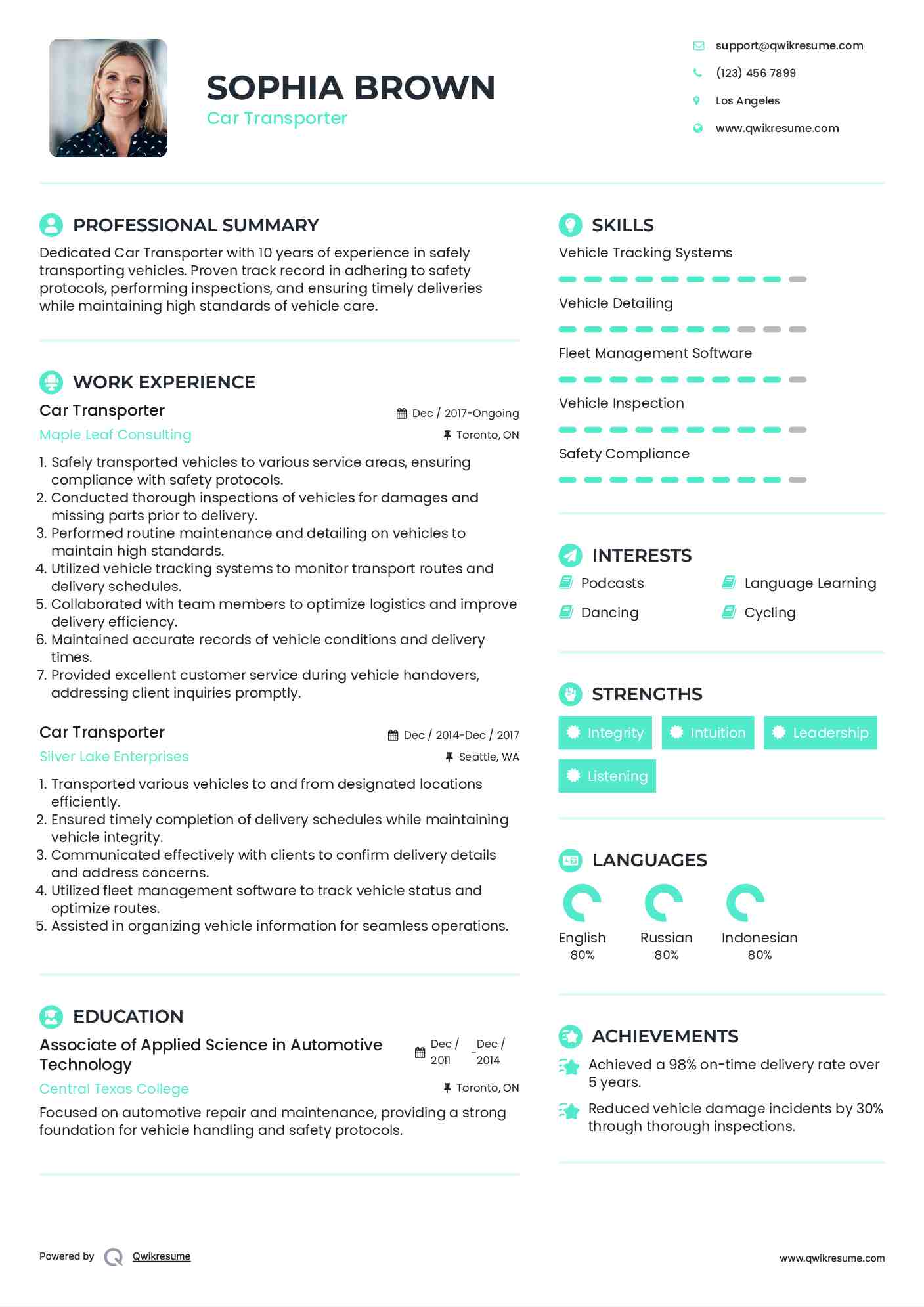 Car Transporter Resume Example
