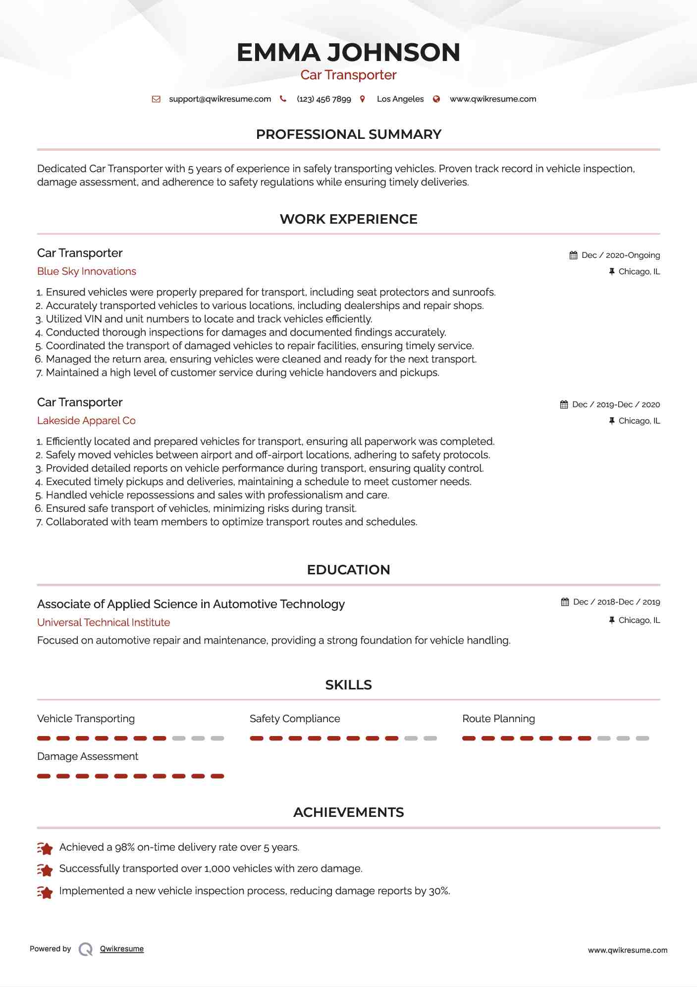 Car Transporter Resume Template