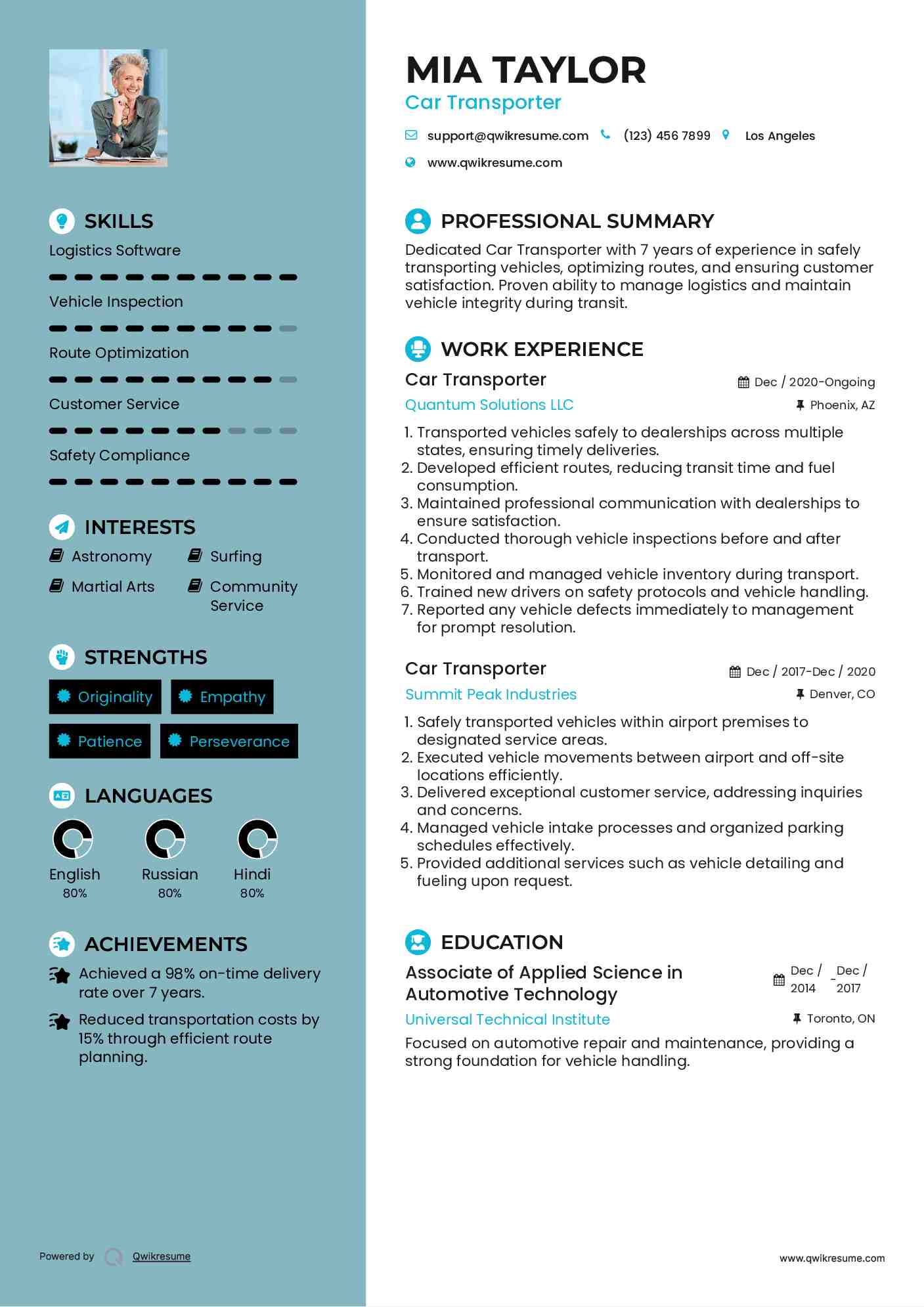 Car Transporter Resume Sample