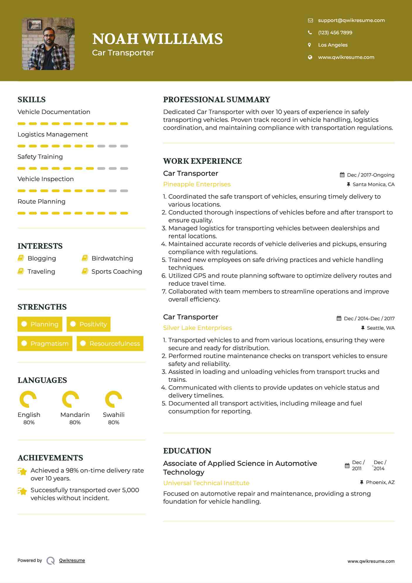 Car Transporter Resume Template