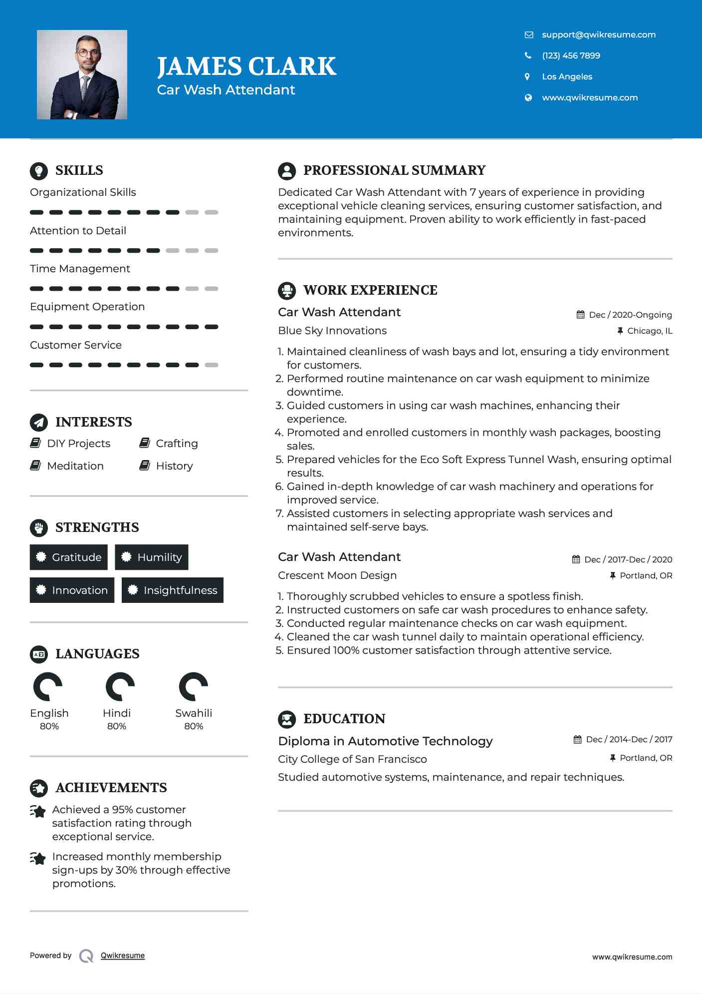 Car Wash Attendant Resume Sample