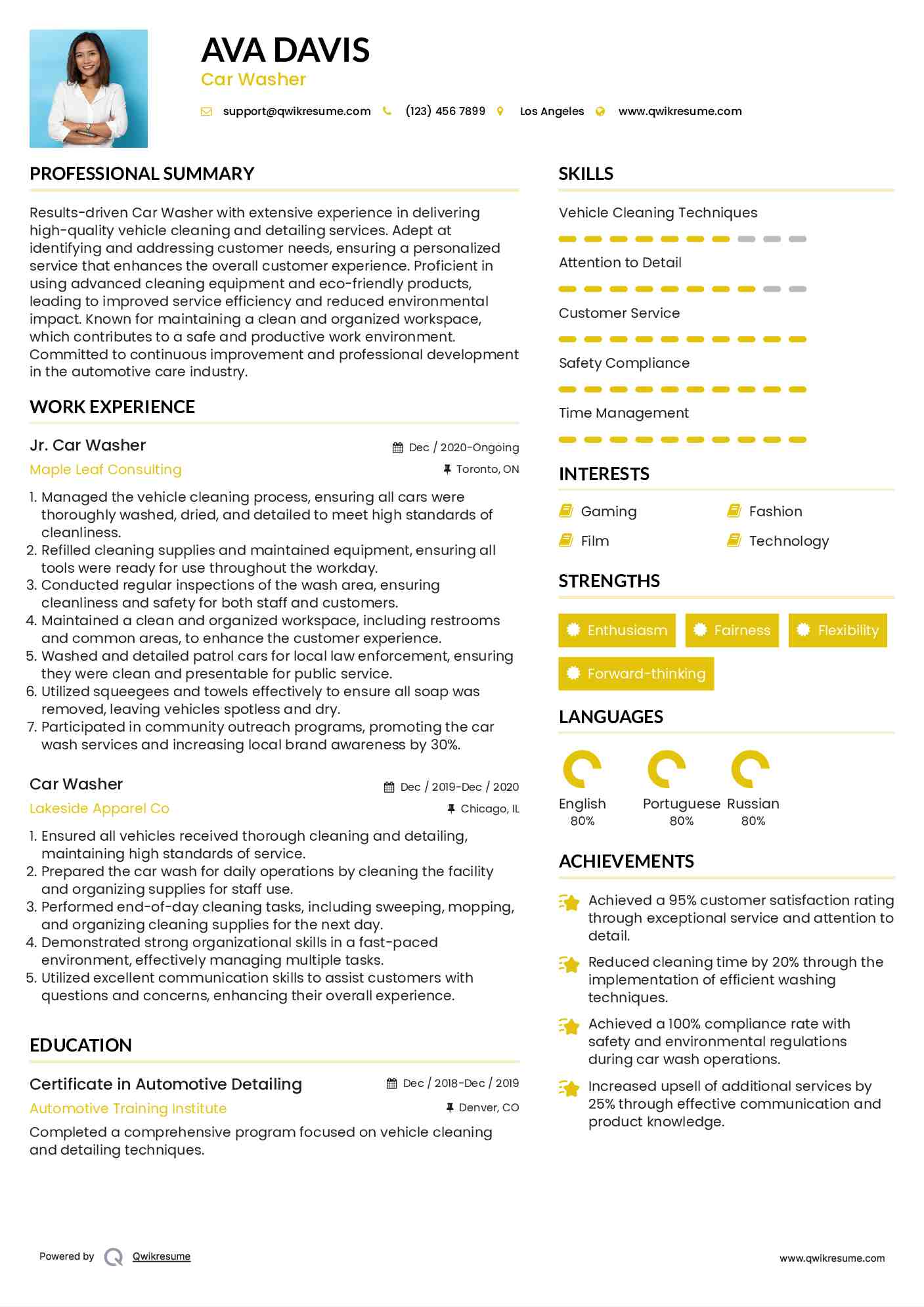 Jr. Car Washer Resume Sample