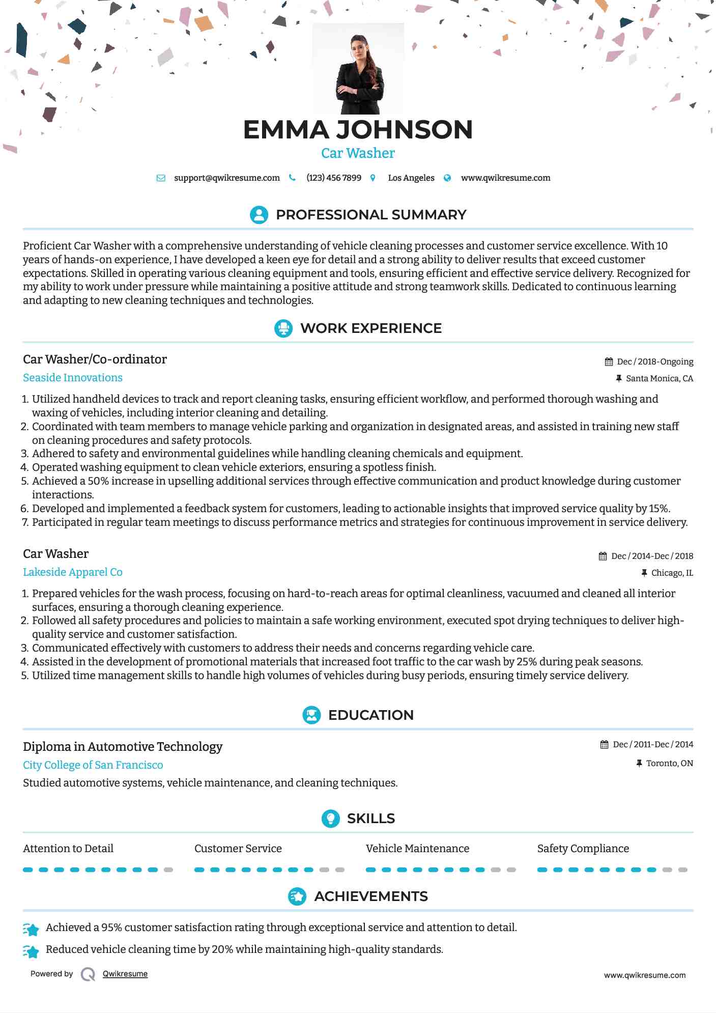 Car Washer/Co-ordinator Resume Sample