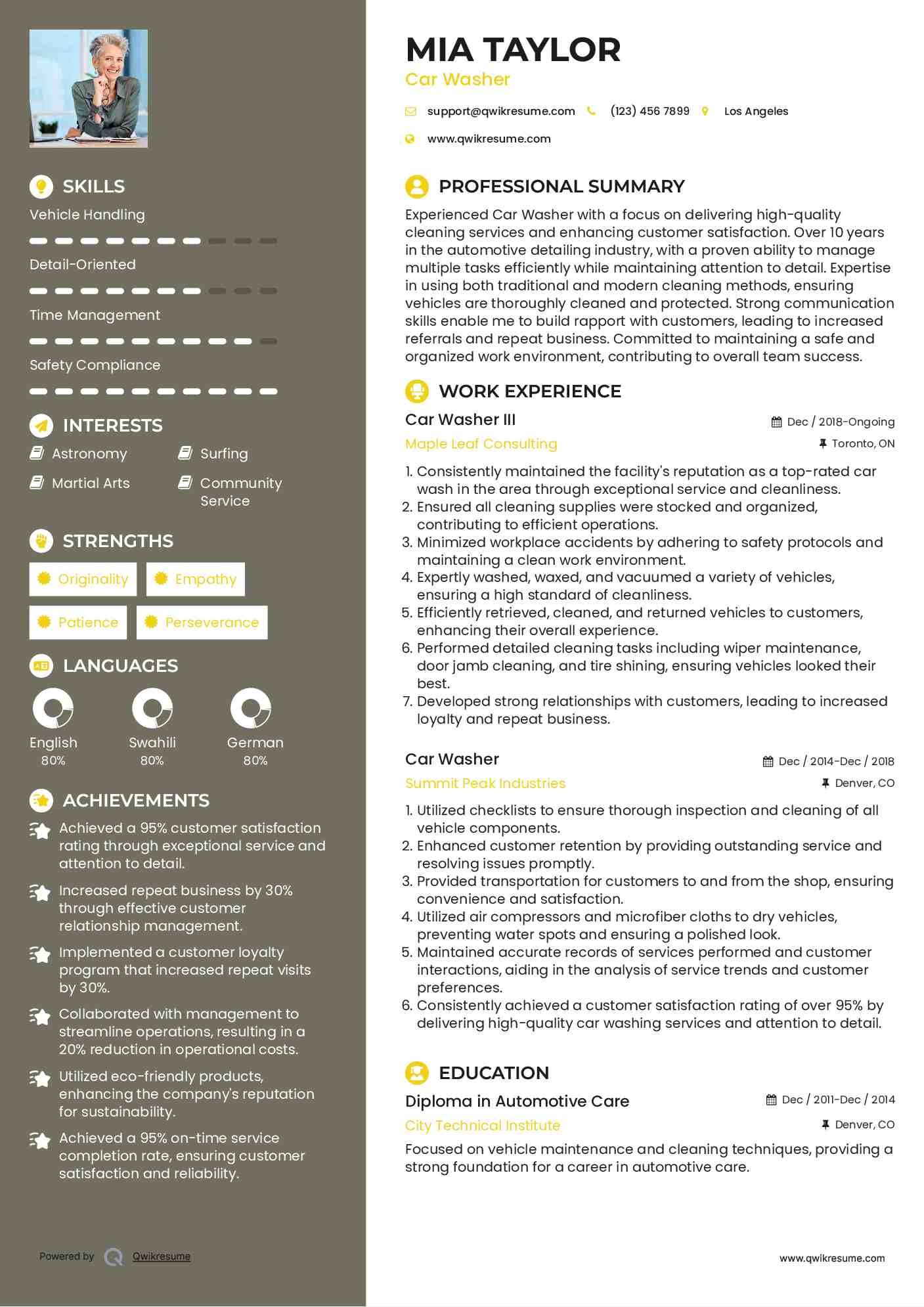 Car Washer III Resume Model