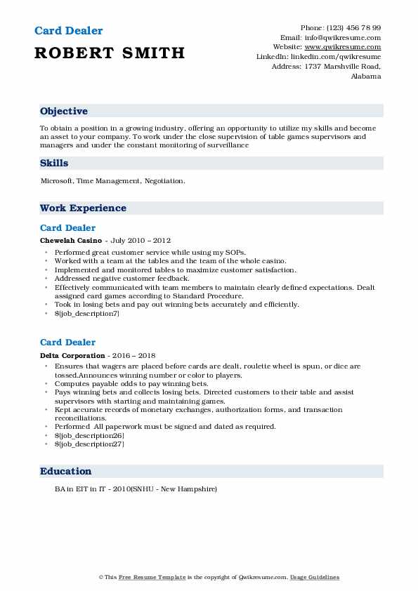 Card Dealer Resume Samples QwikResume