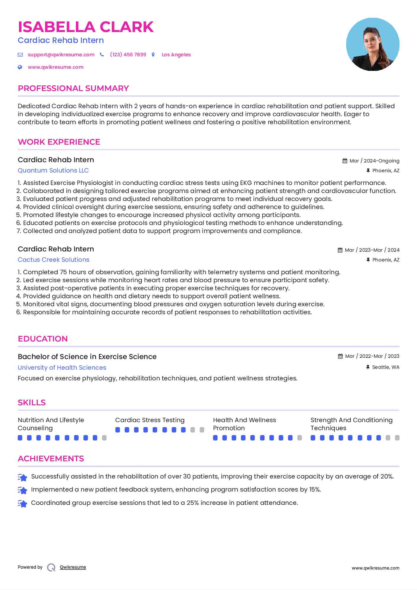 Cardiac Rehab Intern Resume Example