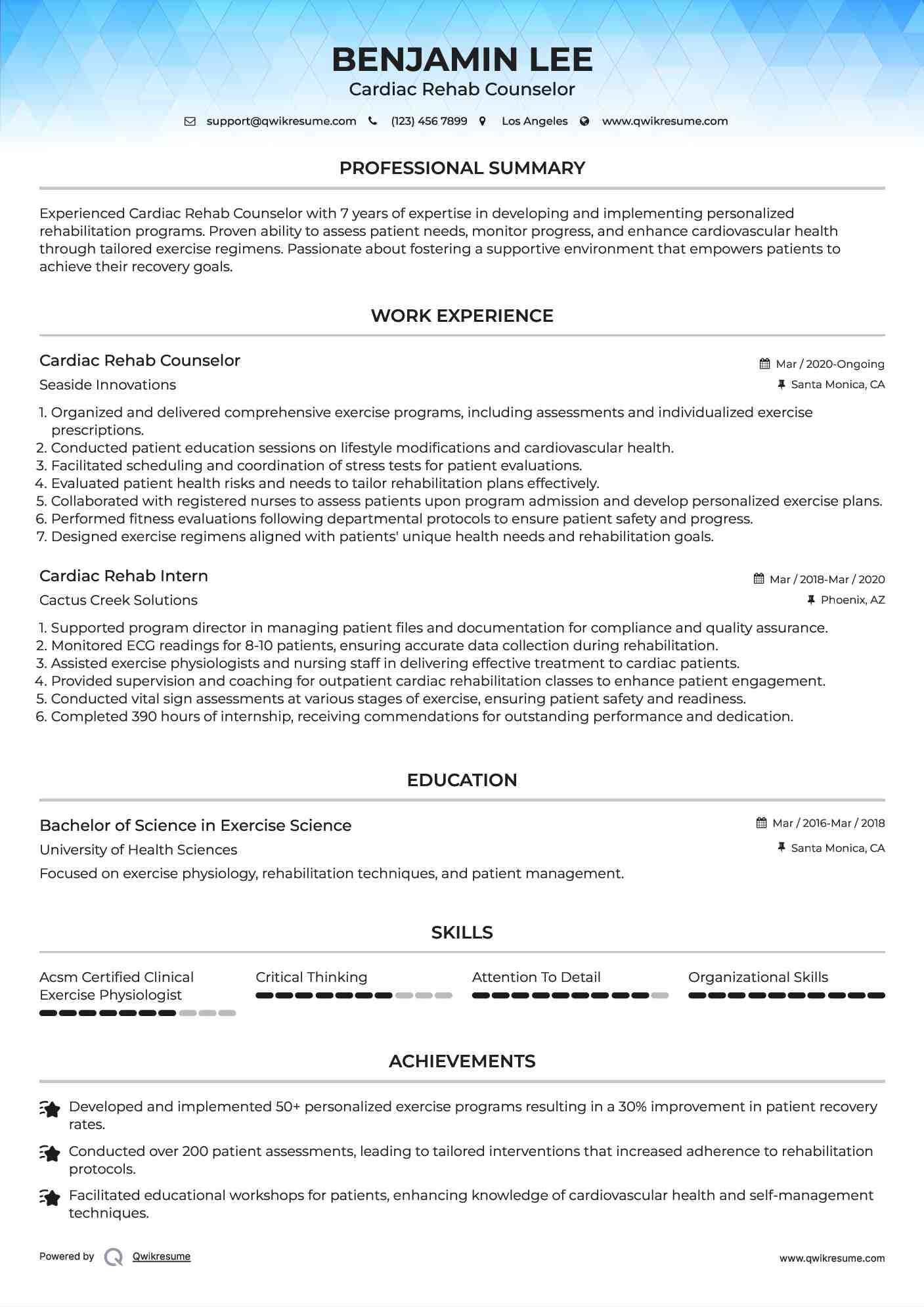 Cardiac Rehab Counselor Resume Example