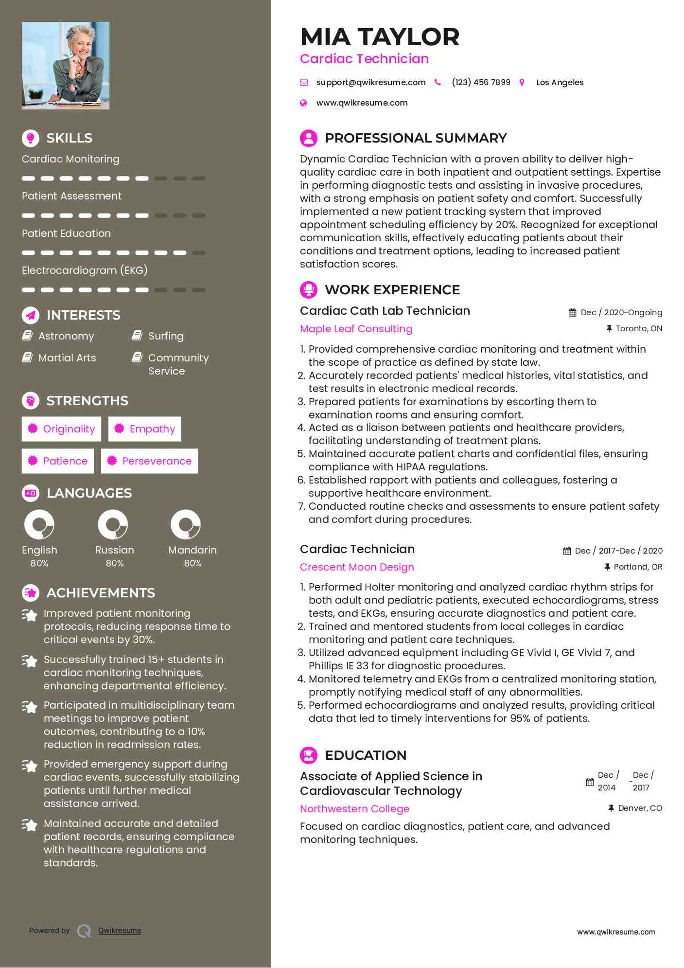 Cardiac Cath Lab Technician Resume Example