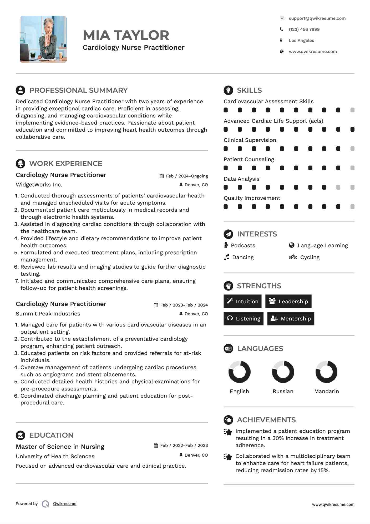 Cardiology Nurse Practitioner Resume Sample