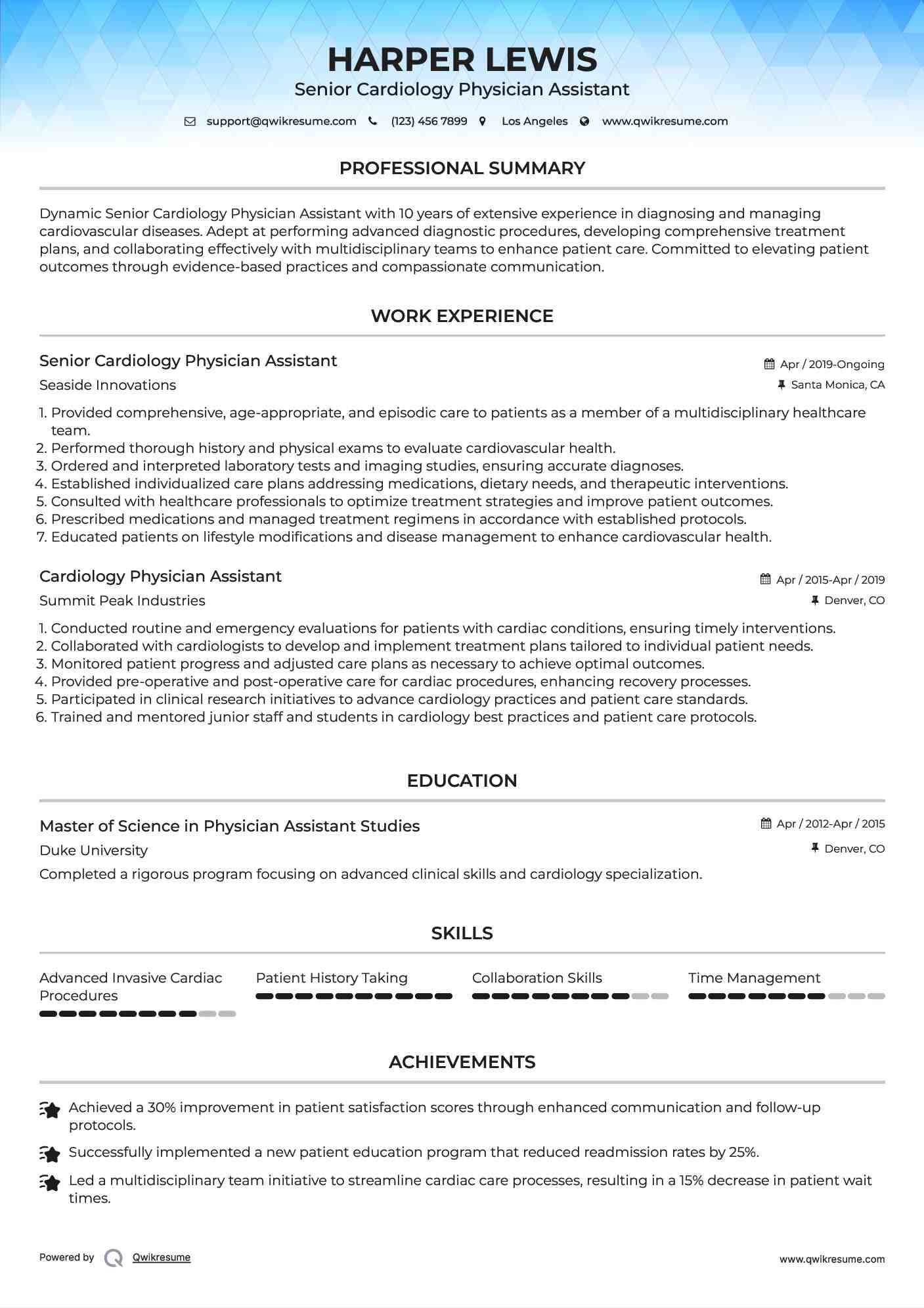 Senior Cardiology Physician Assistant Resume Format