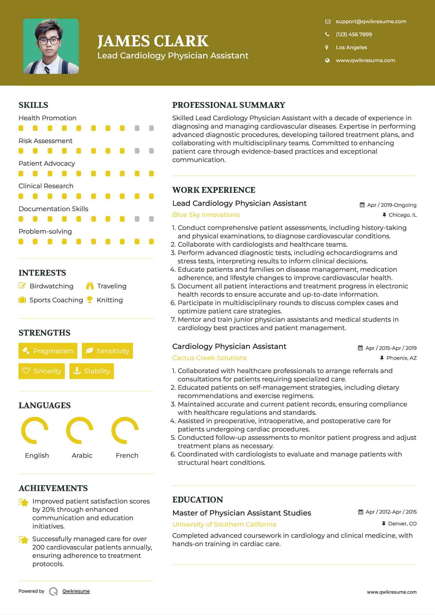 Lead Cardiology Physician Assistant Resume Example