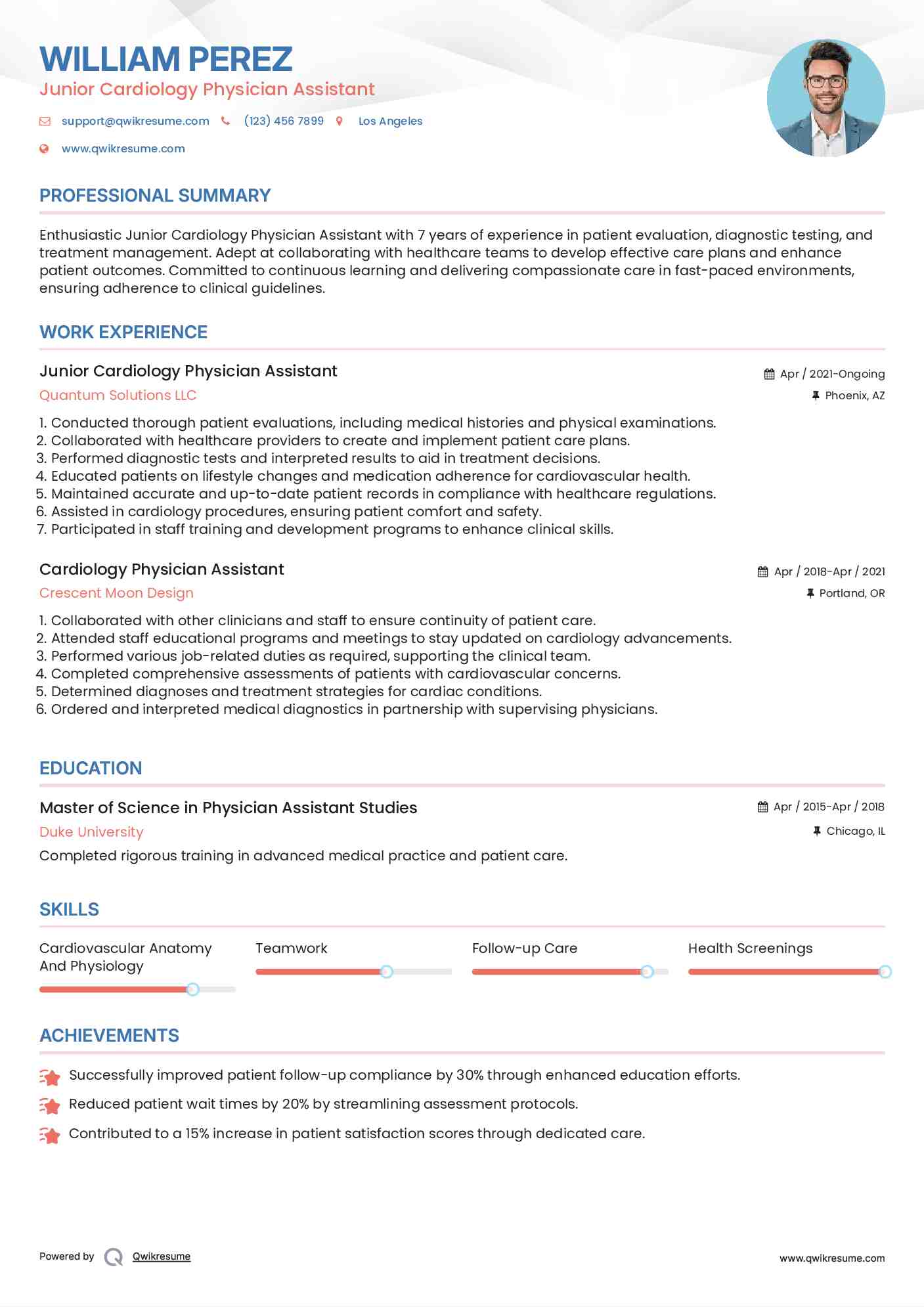 Junior Cardiology Physician Assistant Resume Example