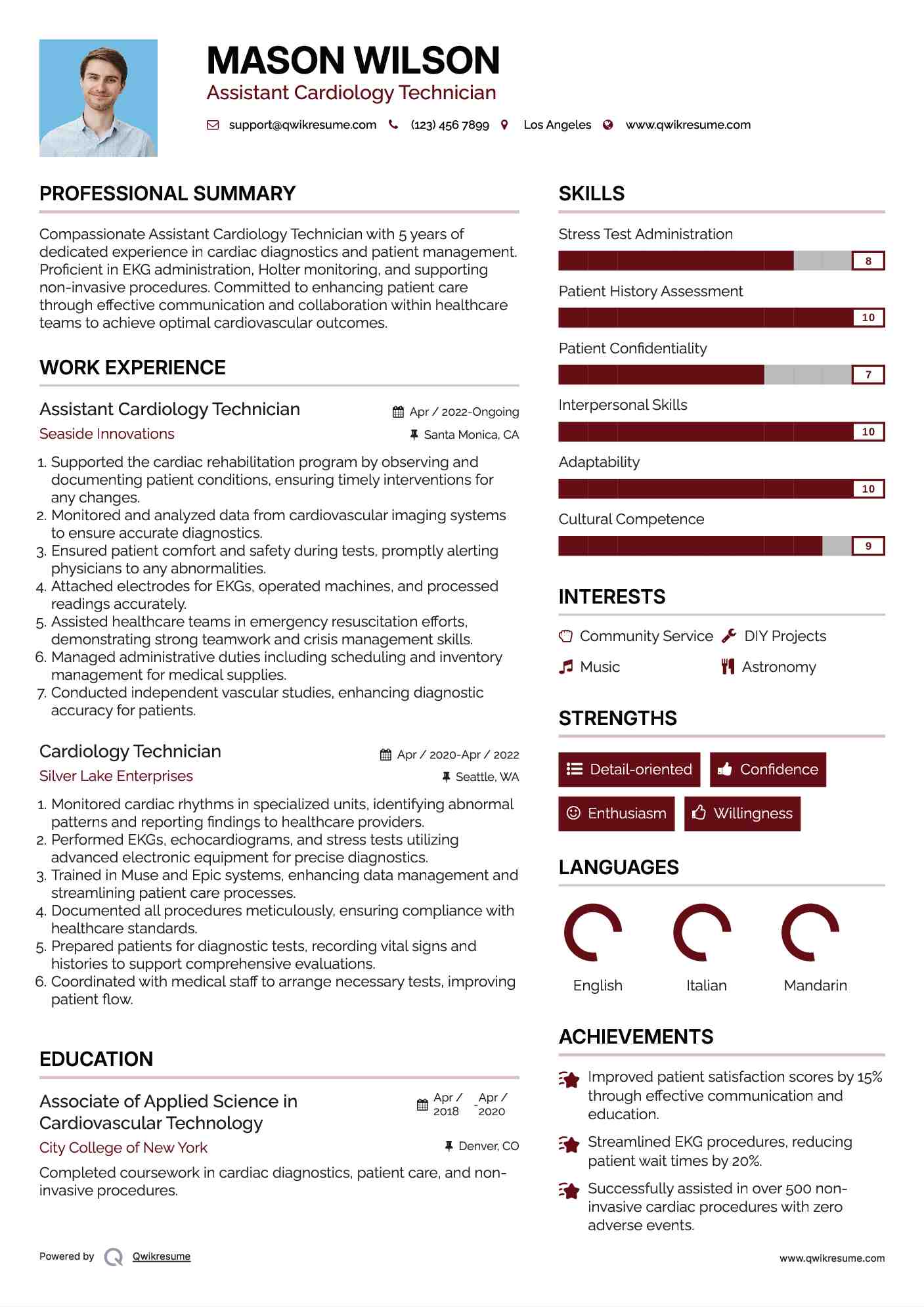 Assistant Cardiology Technician
 Resume Model
