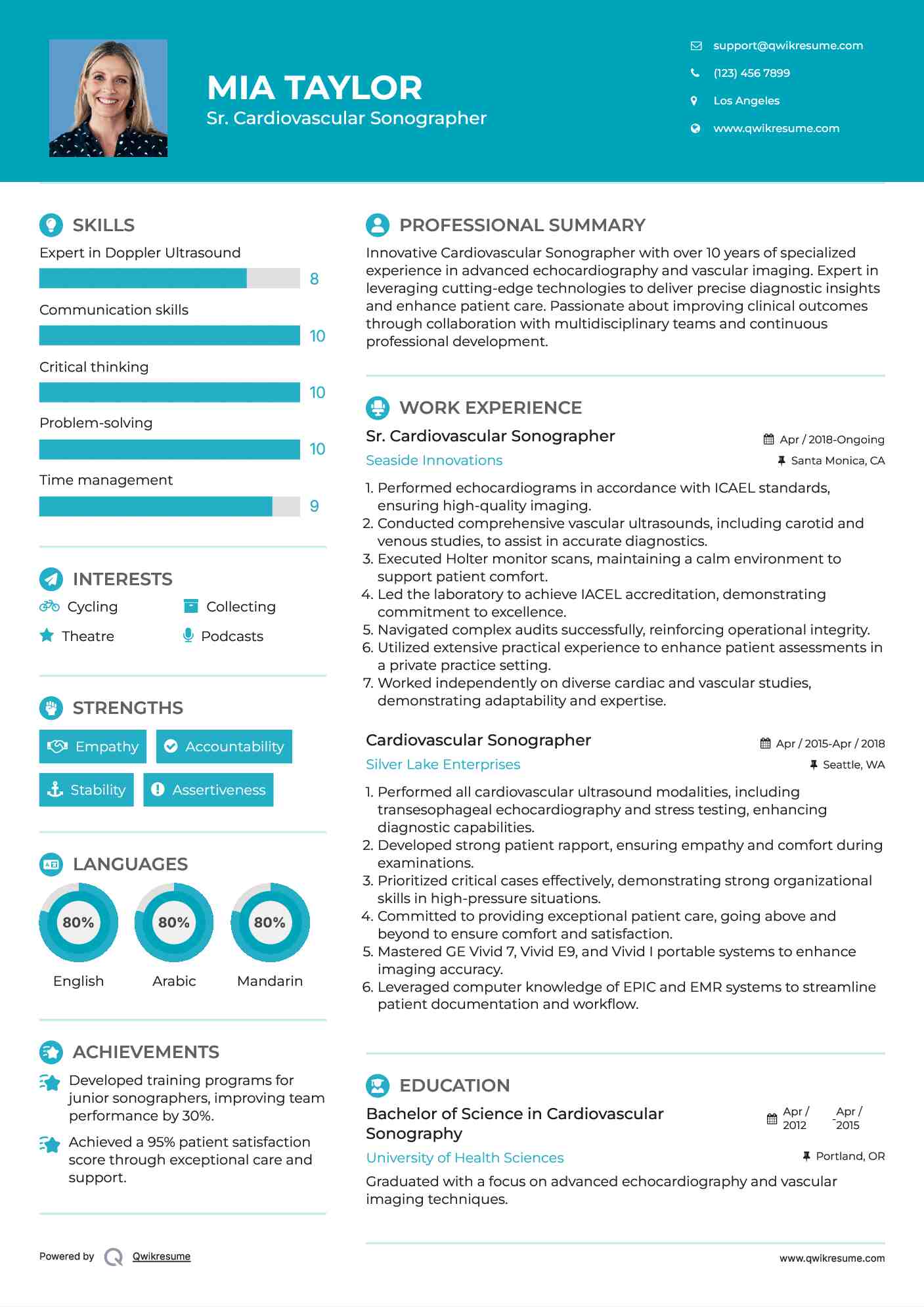 Sr. Cardiovascular Sonographer Resume Model