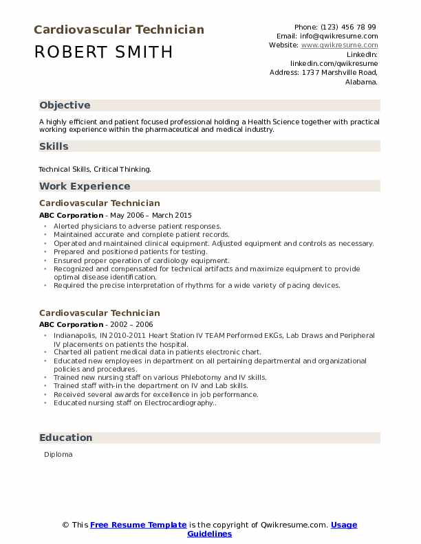 Cardiovascular Technician Resume Samples QwikResume