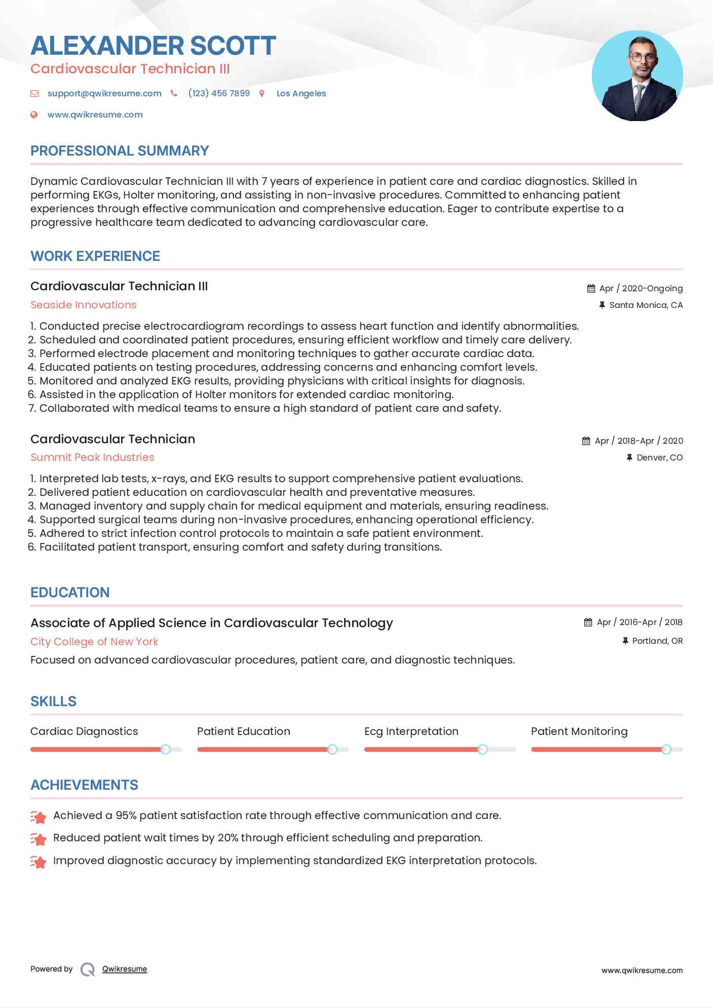 Cardiovascular Technician Resume Samples QwikResume